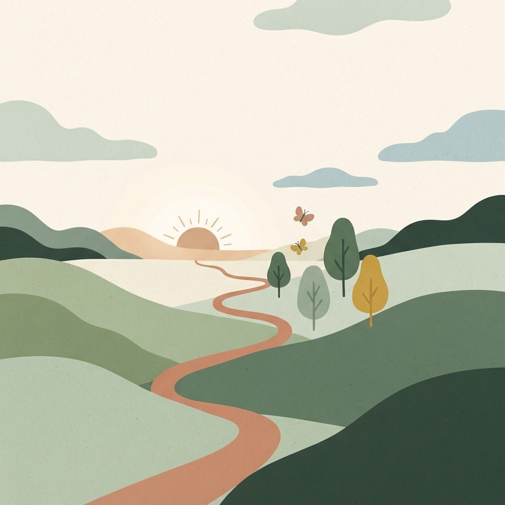 An illustrated landscape: a winding path through rolling hills toward a rising sun